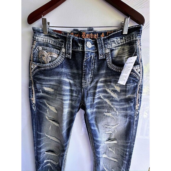 NWOT ROCK REVIVAL MEN'S JEANS 36 Garrick Slim Straight Stretch DESTROYED - Picture 7 of 16